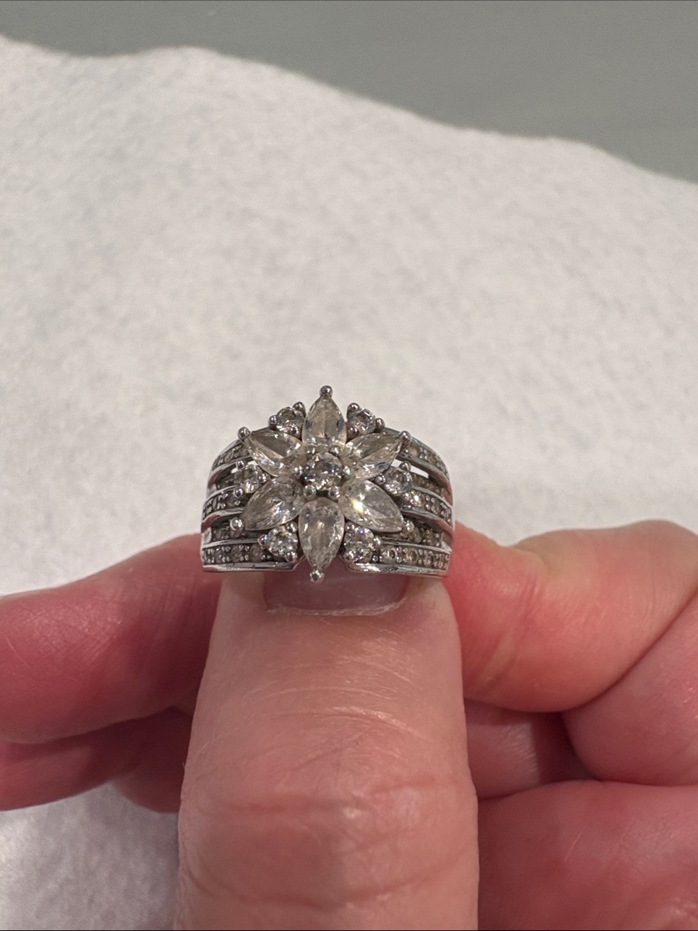 Diamonique Silver Floral Cluster Ring with Clear Stones size 6